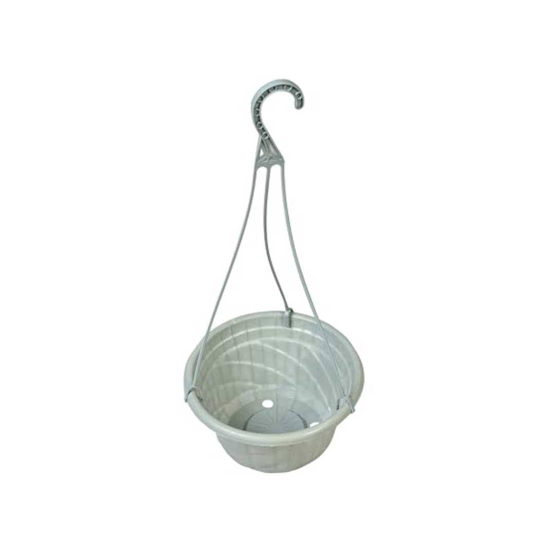 Plastic nursery hanging pot/ Hanging Planter Basket Indoor Outdoor / Plastic Plant Flower Hanging Pots – Colour – White – Dimension: 17.5 cm diameter, 9.5 cm height, 30 cm hanger height