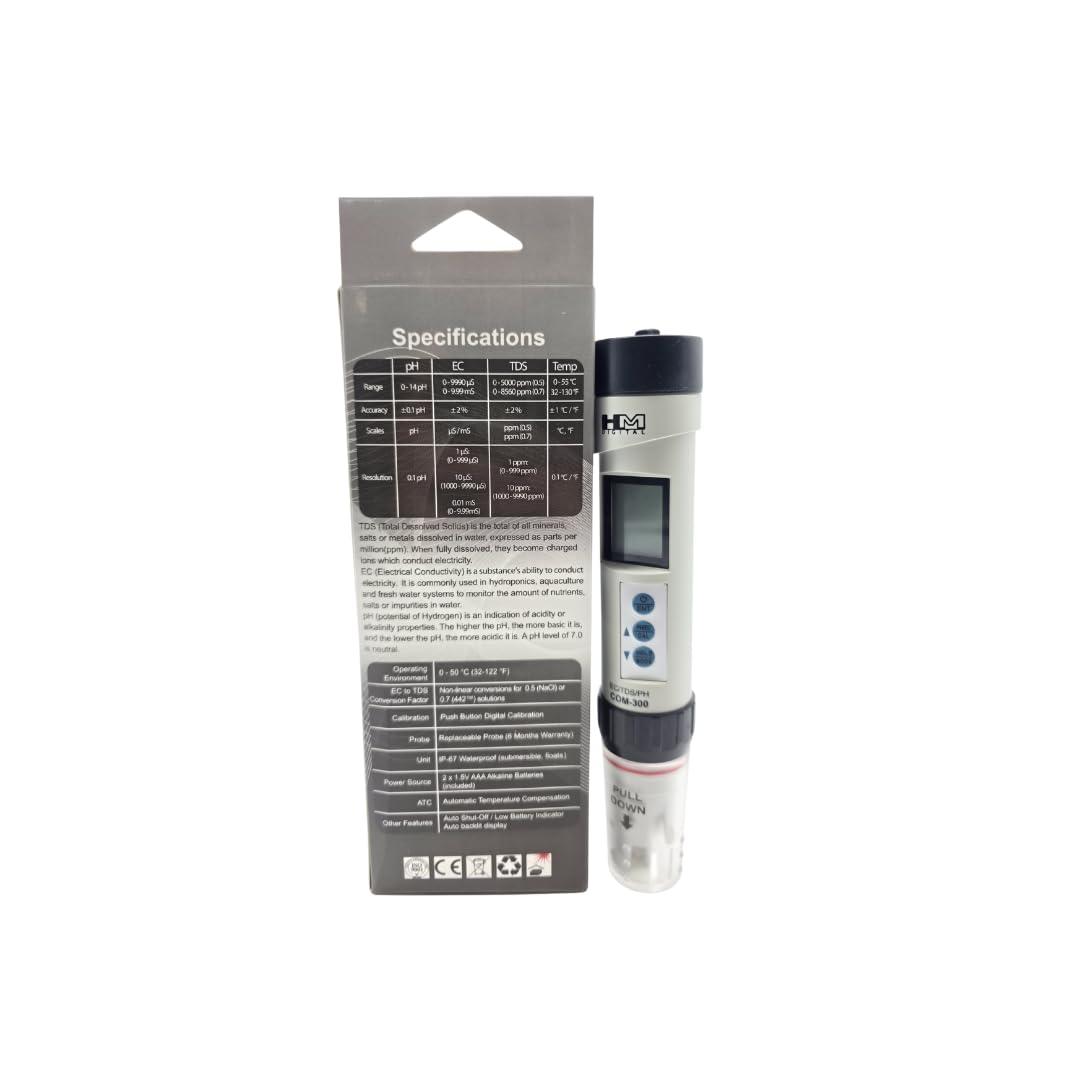 HMDigital COM-300 Waterproof Professional Combo Meter – 4-in-1 TDS, EC, pH, Temperature Meter | USA Design | Auto Calibration | Measures µS, mS, PPM (0.5 & 0.7), Non-Linear EC-TDS Conversion