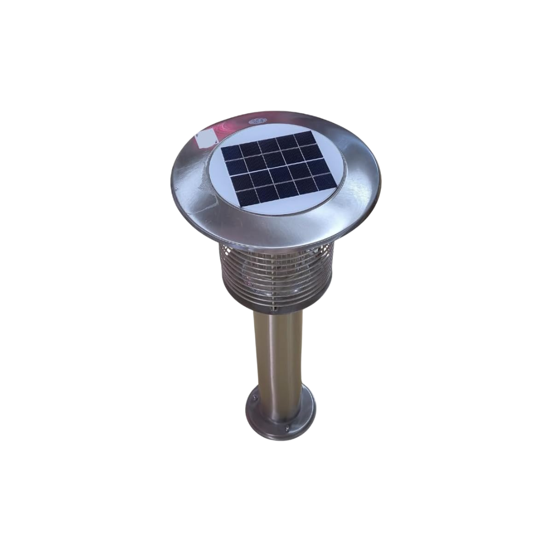 Solar Insect Trap – Stainless Steel Bug Zapper with Vibration Frequency Kill Tech, 1.6KV Output, 2200mAh Battery, 2.5W Solar Panel, DC 3.7V, Bright Silver/Black – Outdoor Eco-Friendly Pest Control